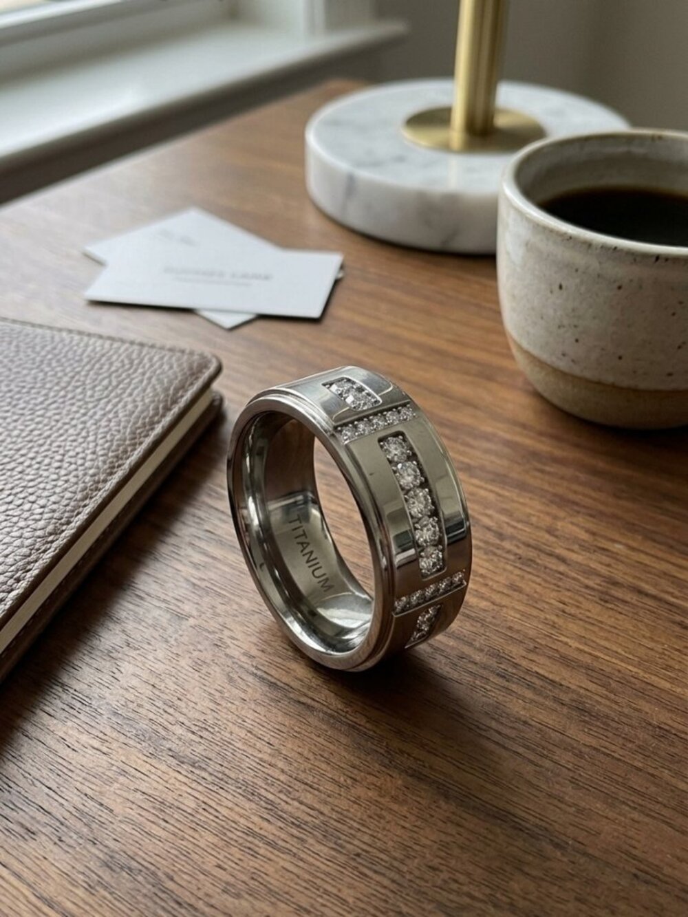 Mens Titanium Moissanite Wedding Band, Bar Inlay VVS1
